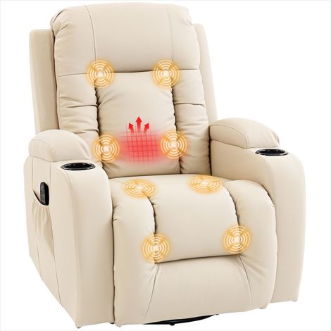 Fauteuil inclinable en simili crème, massage 8 points, chauffant, pivotant 360°, 82x99x103 cm
