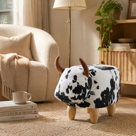 Pouf poggiapiedi animale nero e bianco 62 x 35 x 36 cm con gambe in legno, REDOM (1/5)