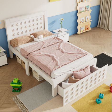 Bett Holz Weiß 90x200 cm mit Lattenrost und Schublade, Kinder- und Jugendbett aus MDF & Massivholz (1/5)