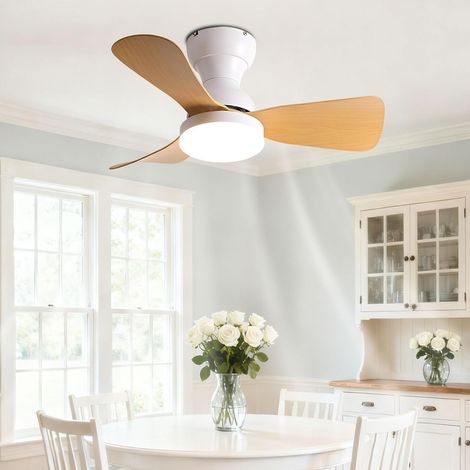 Ventilateur de plafond 51 cm avec lumière LED, télécommande, 6 vitesses, moteur DC réversible, extra plat, Blanc et effet bois (1/5)