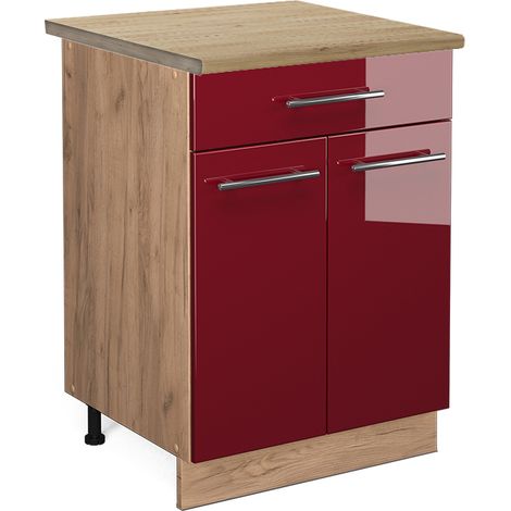 Mobiletto base per cucina Fame-Line, Rosso bordeaux lucido, 60 cm con cassetto, PL Rovere, Vicco (1/5)