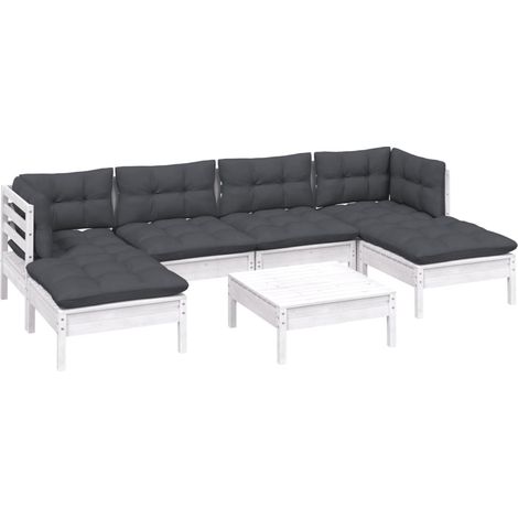Salon de jardin 7 pcs avec coussins blanc bois de pin vidaXL (1/5)