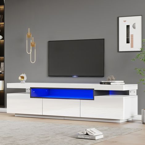 Meuble TV blanc avec éclairage LED 16 couleurs et 3 tiroirs– Dimensions 160x39x42cm – Supporte TV jusqu'à 70 pouces (1/5)