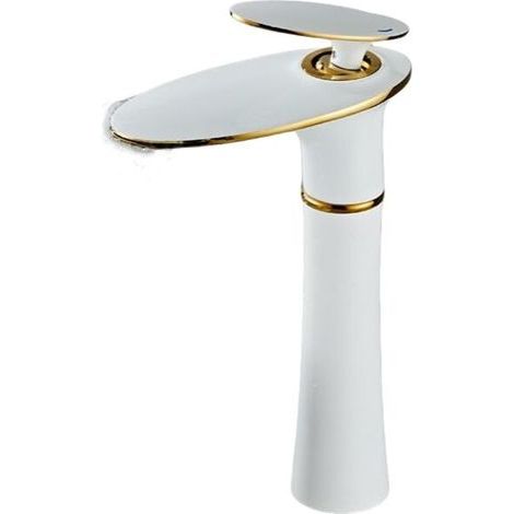 Hochwertiger Badewannen-Wasserhahn mit Wasserfallfunktion, einhebeliger Messinghahn in Gold-Weiß-Optik, ideal für moderne Waschbecken.