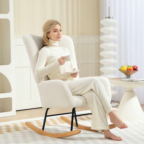 Fauteuil à bascule 70x94x100 cm crème en tissu Lammfell-Optik avec accoudoirs et dossier rembourré (1/5)