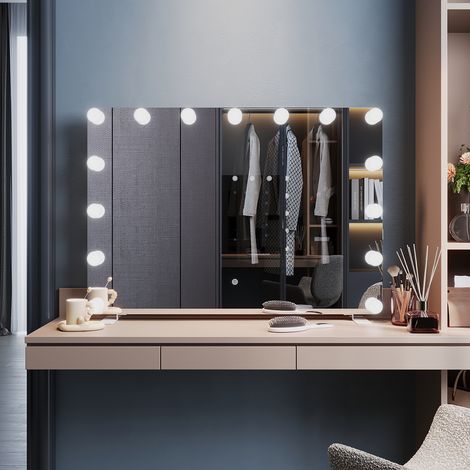 ELEGANT Freestanding Mirrors with Memory Function Dimmable LED 3 Lighting Modes and 16 Removable Light Bulbs, Built-In Socket, Wall-Mounted or Desktop, 1000 x 700 x 35mm (1/5)