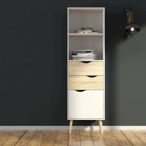 Dmora – Bibliothèque scandinave 50x39 h171 cm – 2 étagères ouvertes – 2 tiroirs chêne – Structure stratifiée blanche – Résistante aux chocs et rayures (1/6)