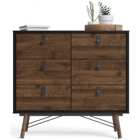 Abitare – Commode 102x95 h cm noir mat et noyer – 6 tiroirs – Panneaux composites en bois – Style industriel moderne (1/5)