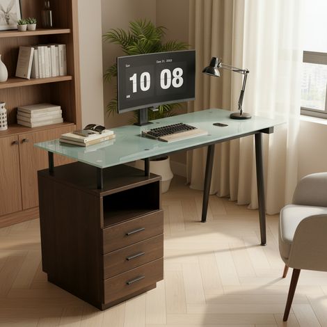 Bureau moderne 130x50x75cm plateau verre trempé,cadre acier tubulaire,3 tiroirs et rangement ouvert. Finition marron.