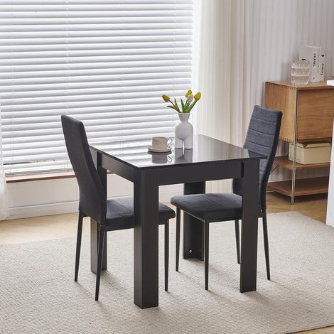 75x75cm Square Dining Table and Chairs Set, Small Dining Room Set High Gloss Dining Table with Chairs Home Furniture (Black Linen, Black Table with 2 Chairs) (1/5)
