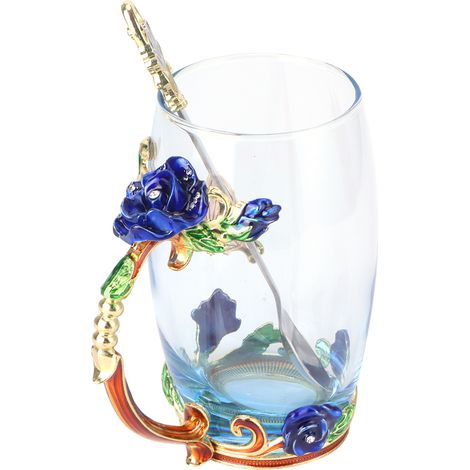 Tasse à thé fleur innovante avec cuillère, mug cadeau fête Noël anniversaire, bleu rose 350ML