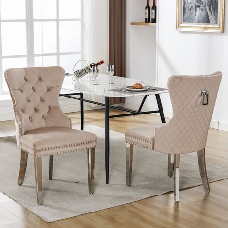 Sillas de Comedor 2 Piezas Respaldo con Aldaba Única y Clavos Patas Metal Asiento Terciopelo Beige (1/5)
