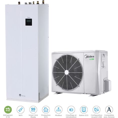 Midea – Pompe à chaleur air eau 4,25 kW avec ballon 190L – Plage de fonctionnement -25°C à +35°C – MIDMTHERIA4190 - ECS 190 L