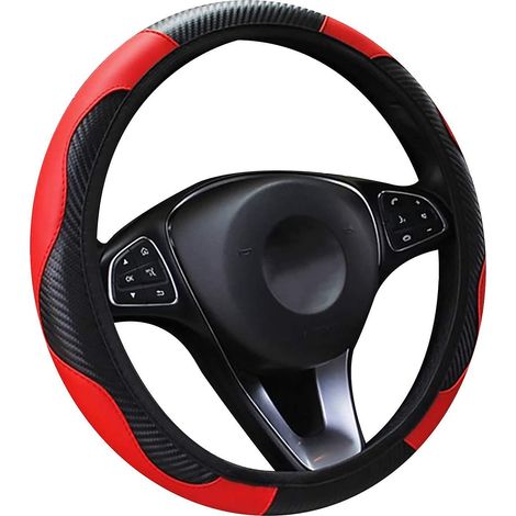 37-39 Cm (rouge) Housse De Volant De Voiture En Cuir De Fibre De Carbone Lastique, Antidrapant, Respirant, Sans Bague Intrieure, Taille Universell (1/5)