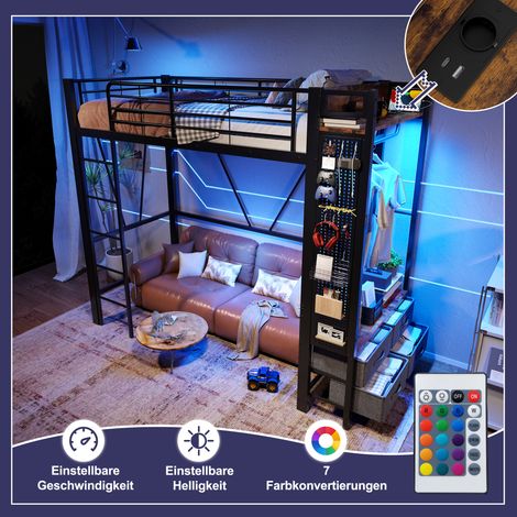 Lit mezzanine 90 x 200 cm, structure en fer, avec étendoir, étagères, 4 tiroirs, prises USB et Type-C, bande LED, rambarde, échelle, panneau perforé, matelas non inclus, noir (1/5)