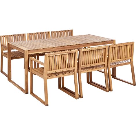 Conjunto de jardín 6 plazas de madera de acacia certificada clara sillas resistente al agua clásico Sassari
