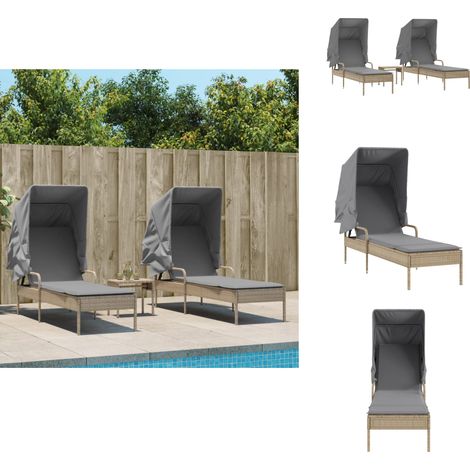 Chaises longues lot de 2 avec auvents et table beige poly rotin - Chaise Longue - Transats - Lit De Bronzage - Salon De Jardin - Mobilier De Jardin (1/5)