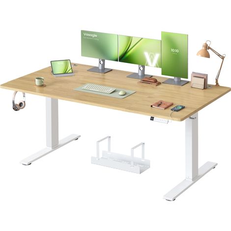 Bureau Électrique Réglable en Hauteur, 160 x 80 cm, avec Port USB-C, Support pour Multiprise, Rappel de Sédentarité, Fonction Mémoire 3 Hauteurs, Télétravail, Couleur Chêne Naturel (1/5)