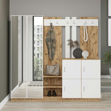 Vestiaire d'entrée 1 miroir 4 portes décor blanc bois MARFA