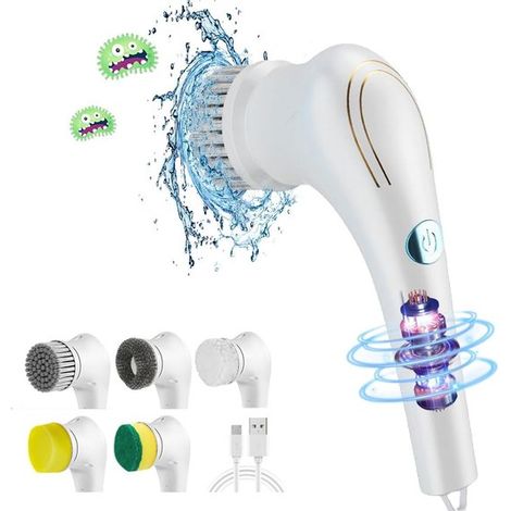 Cepillo de limpieza eléctrico inalámbrico，Giratorio 360 grados，5 cabezales intercambiables，Resistente al agua IPX7，Limpieza con cepillo giratorio (1/5)