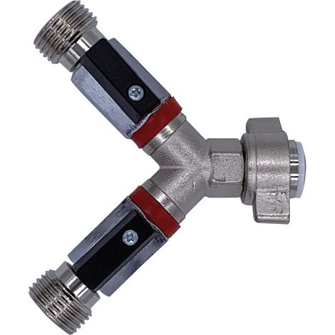 Absperrhahn, Absperrventil 2-leitig, für Druckminderer, Gewindegrößen: 1 x 3/4“ IG und 2 x 3/4“ AG (1/2)