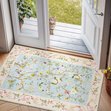 1 tapis, motif floral, style rétro, bleu et rose, 60x90 cm, antibactérien, antidérapant, pour entrée, cuisine, patio