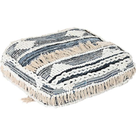 Pouf douillet coton rayé pour un confort cosy - Bleu marine et blanc avec franges (1/4)