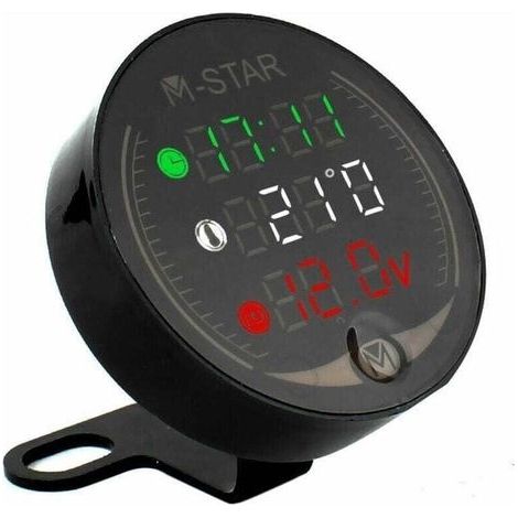 Voltmètre ATV Moto 4 en 1 + Horloge électronique + Thermomètre + Chronomètre Testeur de tension de température LED numérique, Noir (1/4)