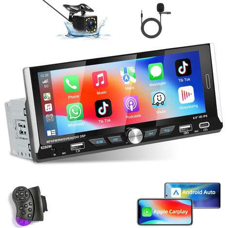 Autoradio 1 Din avec sans Fil Carplay Android Auto, Poste Radio Voiture Bluetooth avec écran D'autoradio de 6,9 Pouces Connexion de Rétroviseur, Caméra de Recul et Le Microphone (1/5)
