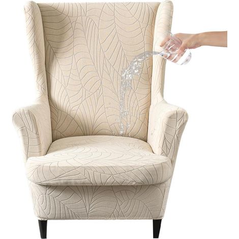 Ohrensesselbezug 2-teilig mit Armlehnen, elastisch, Jacquard, Beige (1/5)