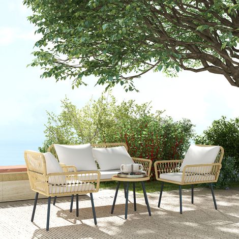 Ensemble salon de jardin 4 pièces canapé 2 places 2 fauteuils avec 7 coussins 1 table basse ronde. résine tressée (1/5)