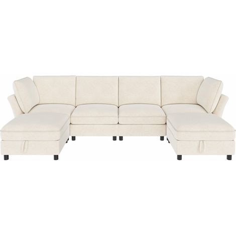 Canapé d'angle modulaire en U/L 6 places avec poufs de rangement en tissu chenille beige (1/5)