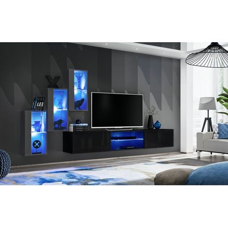 Ensemble meuble TV mural Switch XXII - L 240 x P 40 x H 170 cm - Gris et noir - Livraison gratuite