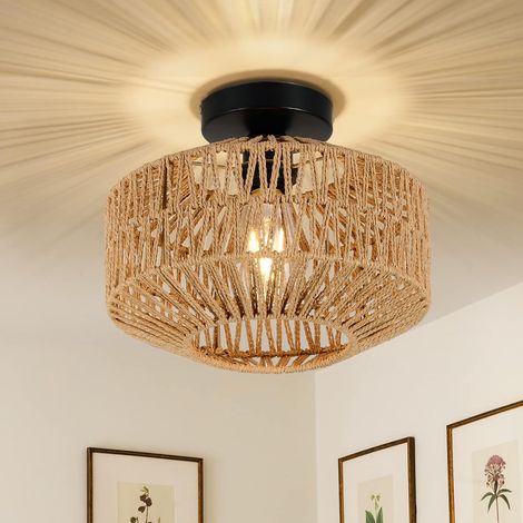 plafonnier en rotin suspendu, plafonnier boho avec abat-jour en rotin, plafonnier vintage en bambou, lampe de plafond rustique en rotin pour salon chambre cuisine couloir (1/5)
