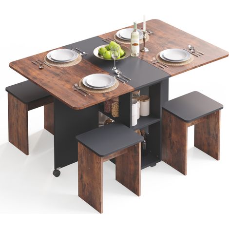 Ensemble Table à Manger pliante avec 4 Chaises,Table de cuisine avec 2 Etagères de Rangement et Roues Verrouillables,120 x 80 x 80 cm,Marron Rustique et Noir, Mondeer
