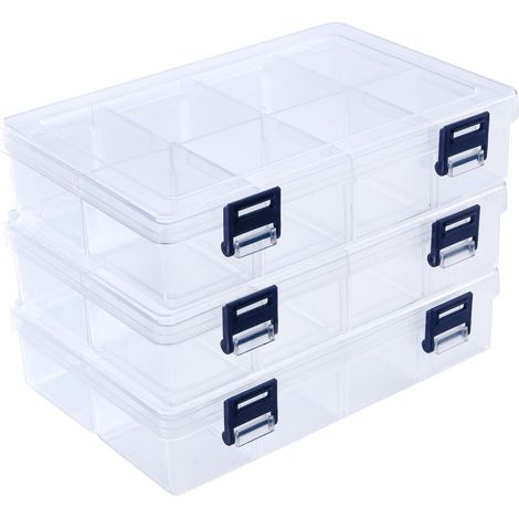Clear Plastic Box, Set of 3 Large Storage Boxes with 24 Adjustable Compartments, Clear Organizer for Toys, Jewelry, Necklaces (1/5)