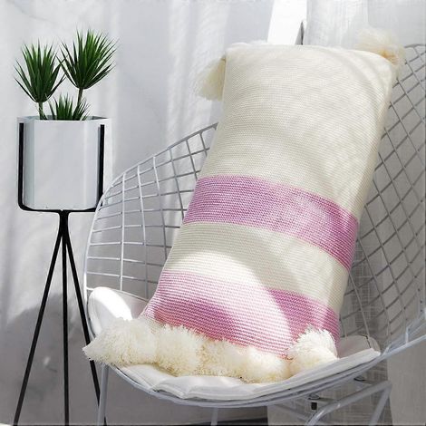 Housse de coussin décorative en maille de coton rayée style ferme avec pompons, idéale pour canapé, sofa ou salon (rose violet C, 33 x 5 cm). (1/5)