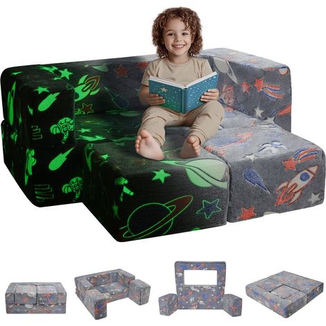Canapé enfant convertible ludique, 4 pcs, fauteuil pour enfants en tissu phosphorescent avec housse amovible, pour bébé à faire soi-même, meubles de salle de jeux pour tout-petits lisant, gris (1/5)