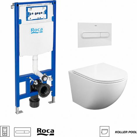 Pack WC Bastidor ROCA Duplo One con Cisterna Empotrada, Pulsador PL1 Blanco Brillo y WC Suspendido Round Smart 52 cm Tornado 3.0 de Koller Pool