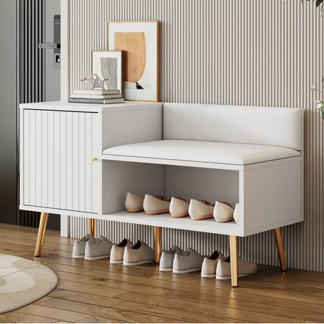 Meuble à chaussures avec assise rembourrée et dossier, blanc 100 x 40 x 58 cm HAVRYA (1/5)