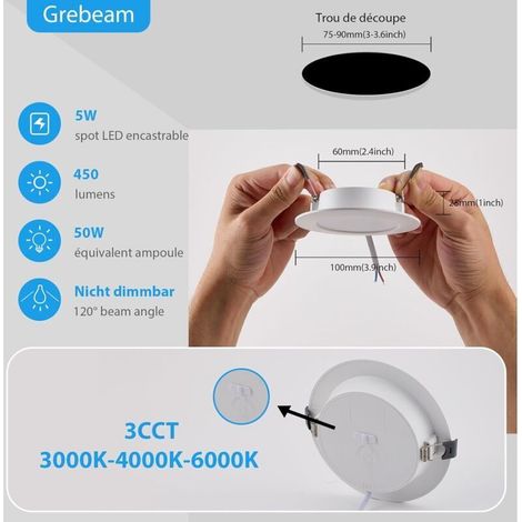 5W Spot LED Encastrable 220V, Lot de 6 Spot Salle de Bain IP65, Blanc Chaud Blanc Neutre Blanc Froid 3000K/4000K/6500K, Spots LED Plafond 80mm pour Cuisine Salon, Rond (1/4)