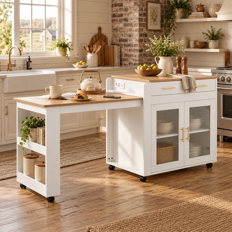 Îlot central de cuisine 177x60x89.5cm avec table haute extensible pour 2 à 4 personnes, rangements, prise et ports USB-A/C, blanc (1/5)
