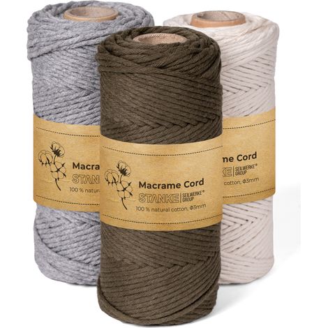 STANKE Set fil macramé 3mm 3x100 m - couleurs : Naturel, Gris, Vert olive - fil de coton pour crochet, DIY boho, paniers, attrape-rêves - corde coton pour dessous de verre, sacs - 100% cotton, torsadé