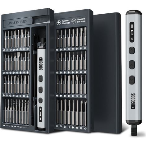 Chigoods 76-in-1 Präzisions-Elektroschraubendreher-Set mit 66 magnetischen Bits elektrowerkzeuge set, On-Screen-Display, inklusive Lochbohrern, 5 Drehmomenteinstellungen, für Smartphone, Laptop und Ka