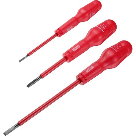 3pcs 1000V Tournevis Isolé Magnétique Électrique à Fente 3 x 75mm 5 x 75mm 6 x 150mm CR-V Électriciens Plat Tête Tournevis, Rouge (1/5)