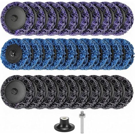 30 pièces disque abrasif, 50 mm, violet/bleu/noir, pour élimination rouille peinture, avec support caoutchouc et adaptateur perceuse (1/5)