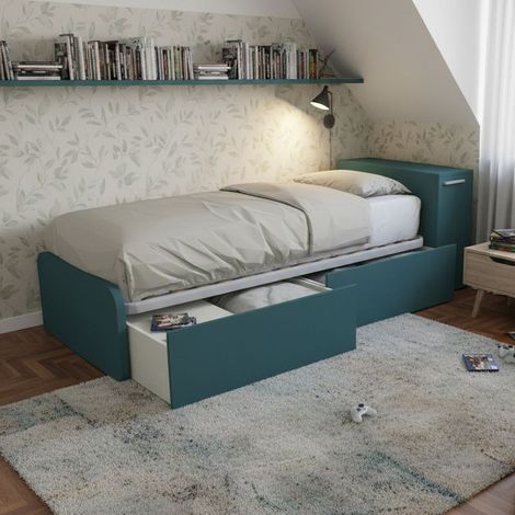 Letto singolo salvaspazio con cassetti e testata contenitiva - Verde Petrolio (1/5)