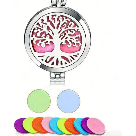 Collana con ciondolo diffusore di oli essenziali per aromaterapia, gioiello in acciaio inossidabile con albero della vita, regalo con catena da 70 cm e 20 feltrini (1/4)