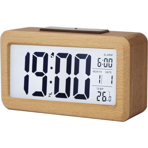 Digitaler Wecker aus Holz, großes LED-Display, intelligentes Sensor-Nachtlicht, Schlummer- und Temperaturfunktion, batteriebetrieben, quaderförmiger Wecker für Schlafzimmer, Schreibtisch und Nachttisc