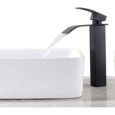 Noir Robinet Cascade avec Haut Bec Mitigeur Lavabo Haut Mono-trou Robinetterie Lave-mains avec Levier Unique en Cuivre Mélangeur Salle de Bain